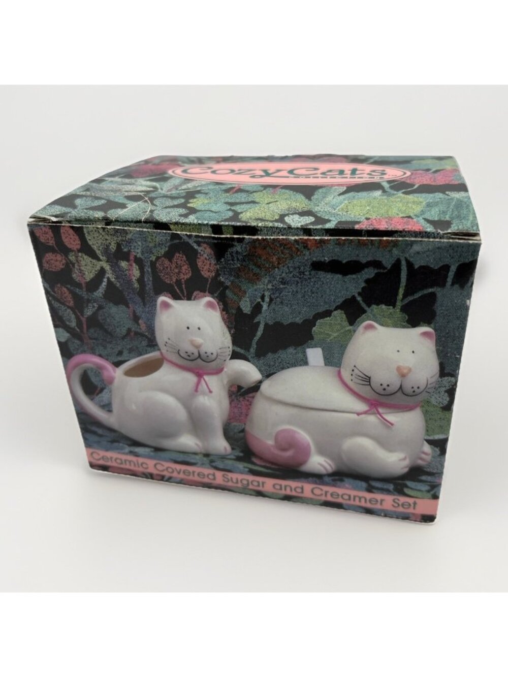 Vintage 1980s Cozy Cats Covered Sugar and Creamer Set Spoon White Pink